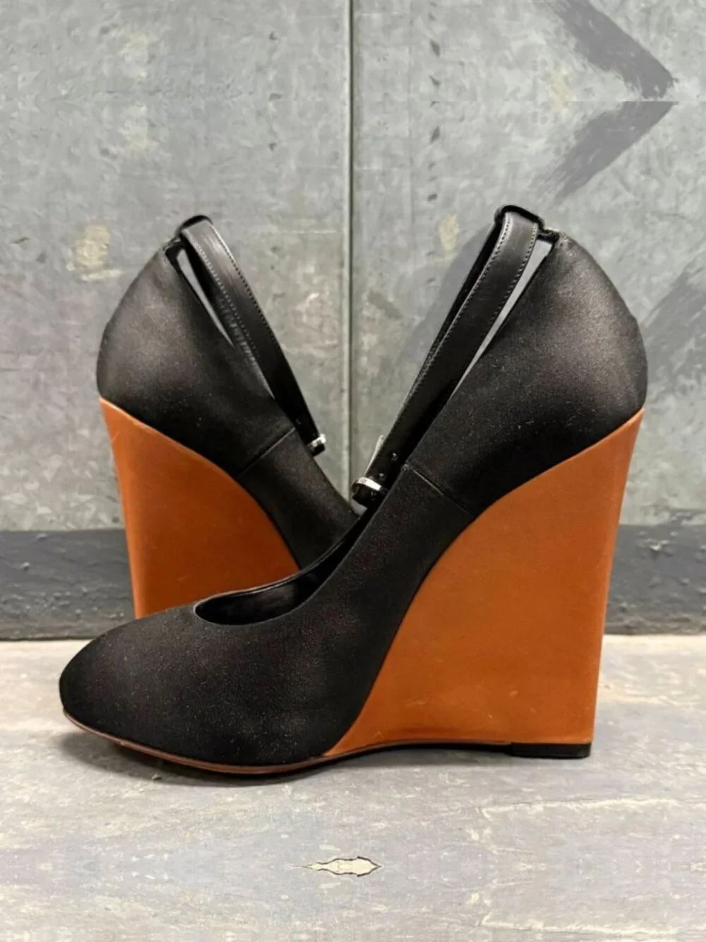 CELINE PHOEBE PHILO ERA BLACK SATIN WEDGE ANKLE STRAP SHOES